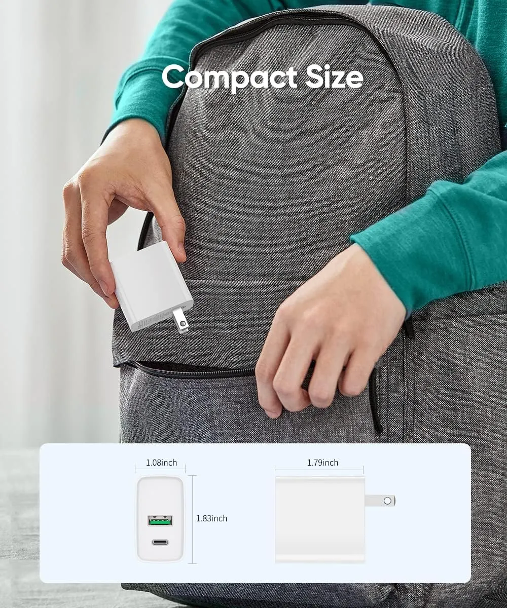 CARGADOR PARA CELULAR GENÉRICO DOBLE PUERTO USB-C/USB-A 20W, vista 3